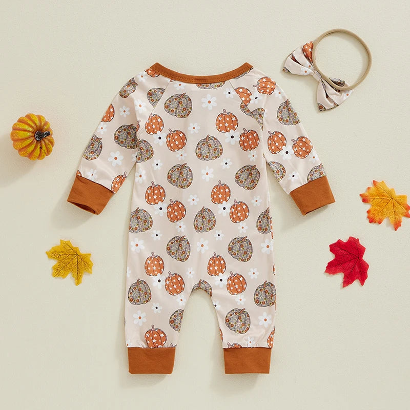 Baby Girls 2Pcs Halloween Bodysuit Pumpkin Daisy Print Zipper Long Sleeve Fall Romper Headband Outfit Set