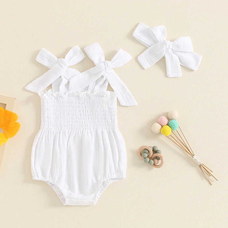 Baby Girl 2Pcs Summer Outfit Cute Sleeveless Tie Shoulder Strap Tank Romper with Headband Set