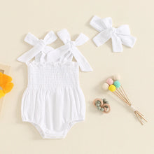 Load image into Gallery viewer, Baby Girl 2Pcs Summer Outfit Cute Sleeveless Tie Shoulder Strap Tank Romper with Headband Set
