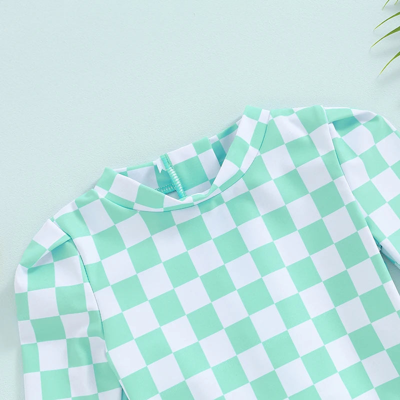 Baby Toddler Girls Beach Swimwear Long Sleeve Checkerboard Print Ruffle Romper Bathing Suit