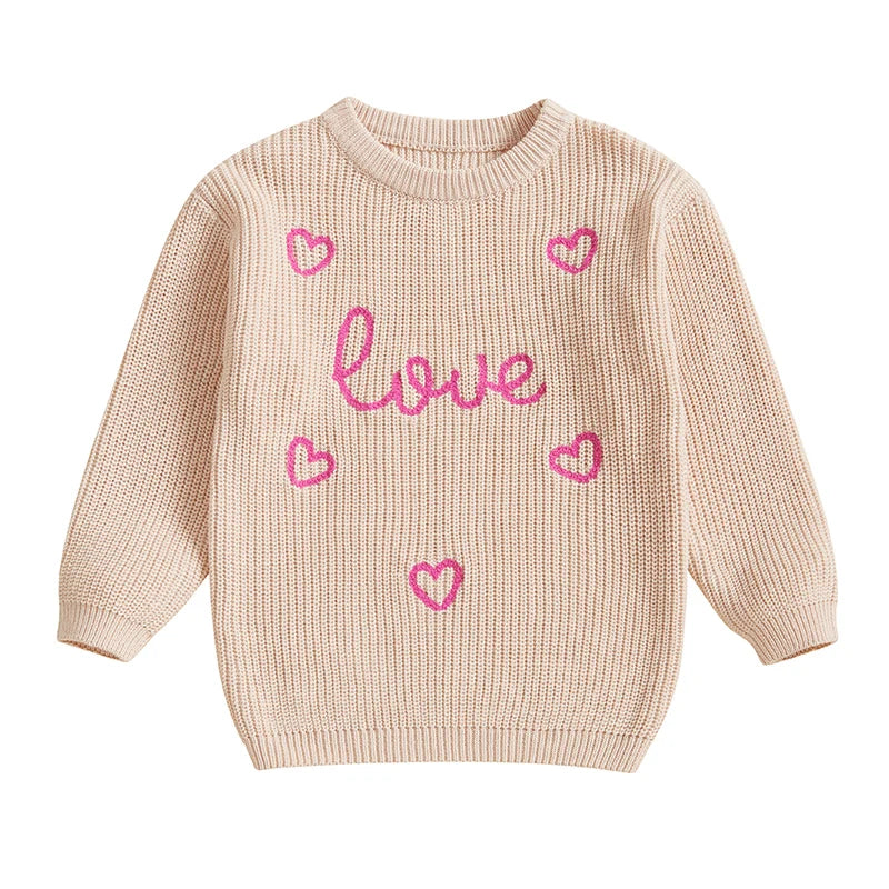 Toddler Kids Girls Pullover Sweater Casual Valentine s Day Letter Love Heart Embroidery Infant Knitwear Warm Clothes