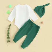 Load image into Gallery viewer, Baby Girls Boys 3Pcs St. Patrick&#39;s Day Outfit Letters Lucky Little Love / Mama&#39;s Lucky Charm Long Sleeve Romper +Shamrock Knee Pants + Hat Set
