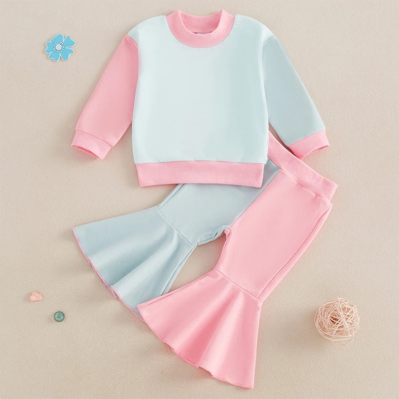 Baby Toddler Girls 2Pcs Fall Set Long Sleeve Crewneck Contrast Color Top Flared Pants Set Outfit