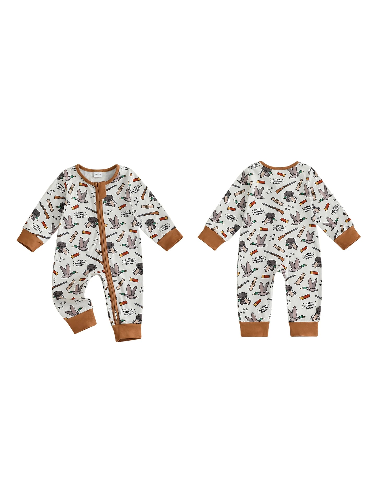 Baby Boys Autumn Casual Jumpsuit Long Sleeve Crewneck Deer Duck Print Zipper Romper