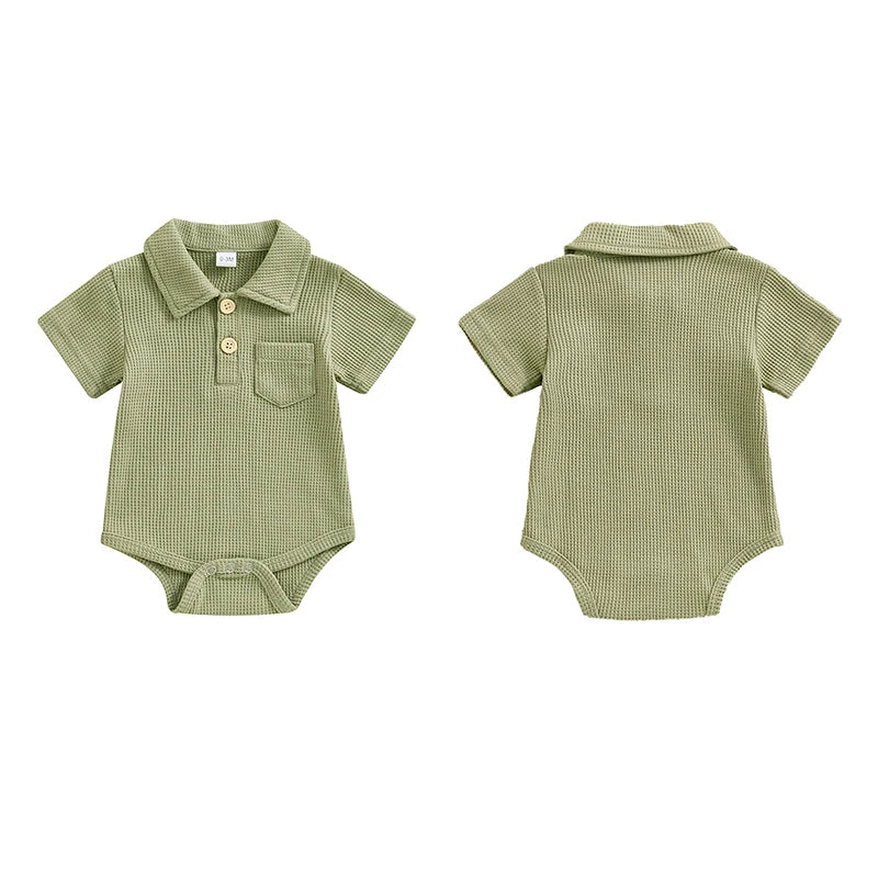 Baby Boys Romper Short Sleeve Lapel Button Up Collar Pocket Solid Color Waffle Casual Bodysuit