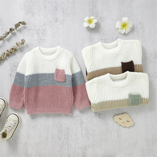 Baby Toddler Boys Girls Knit Sweater Contrast Color Pocket Crewneck Pullover Long Sleeve Top