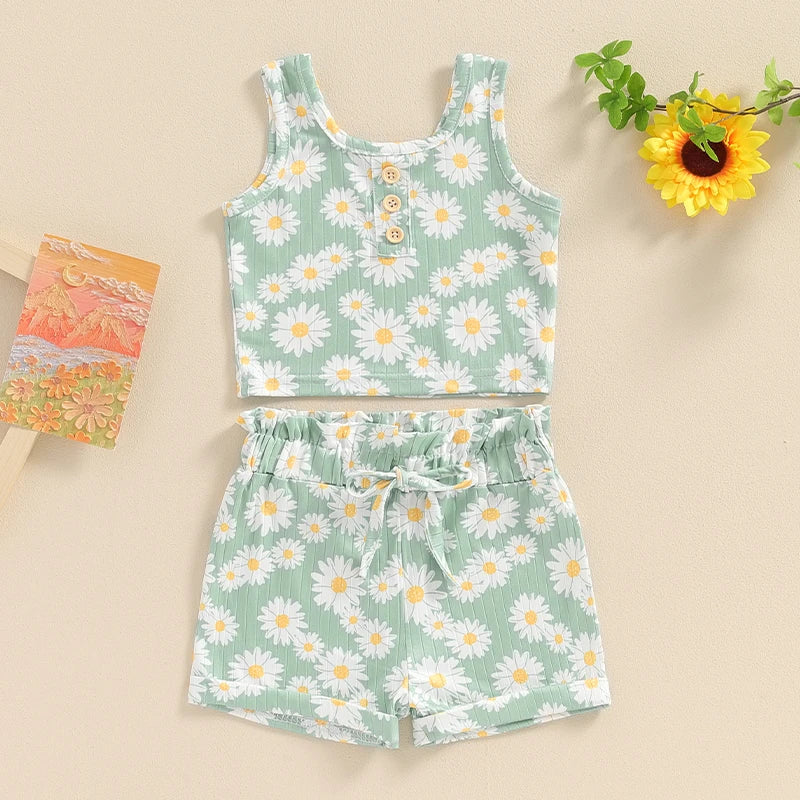 Baby Toddler Girls 2Pcs Daisy Flower Print Sleeveless Crew Neck Tank Top and Matching Shorts Summer Outfit Set