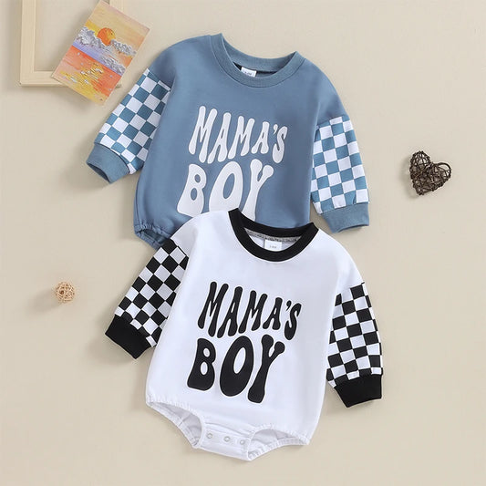 Baby Boy Rompers Checkerboard Long Sleeve Round Neck Letter Mama's Boy Print Bodysuits Playsuits