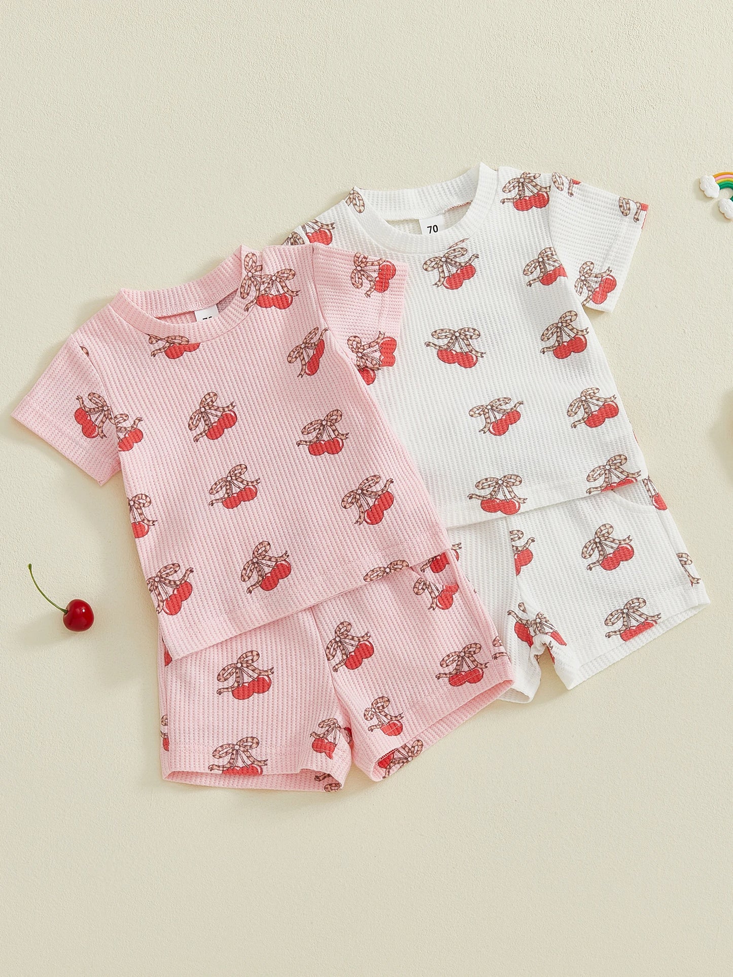 Baby Toddler Girls 2Pcs Outfits Fashionable Bow Cherry Print Short Sleeve Round Neck Top and Shorts Set