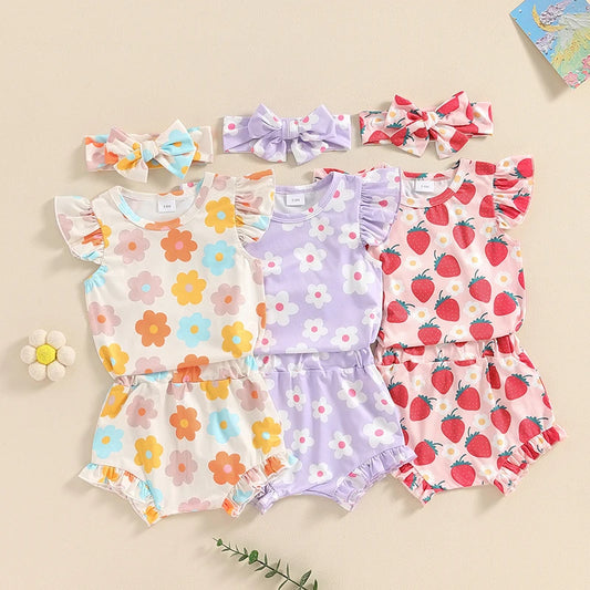 Baby Newborn Girls 3Pcs Set Flying Frill Short Sleeve Strawberry/Floral Flowers Print Romper with Shorts Headband Outfit