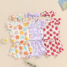 Load image into Gallery viewer, Baby Newborn Girls 3Pcs Set Flying Frill Short Sleeve Strawberry/Floral Flowers Print Romper with Shorts Headband Outfit
