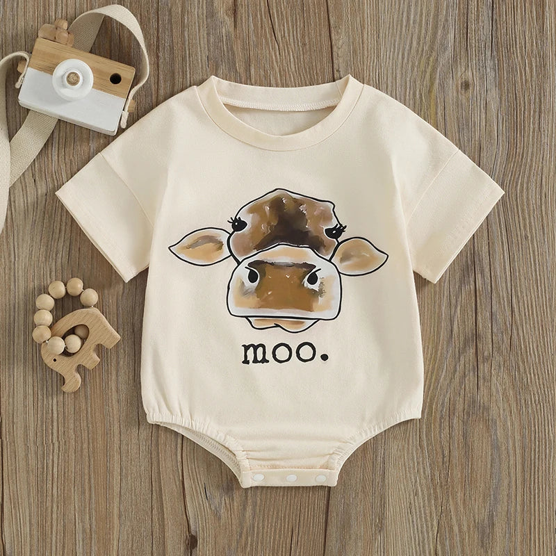 Baby Boys Girls moo Romper Short Sleeve Crew Neck Cow Head Print Bodysuit