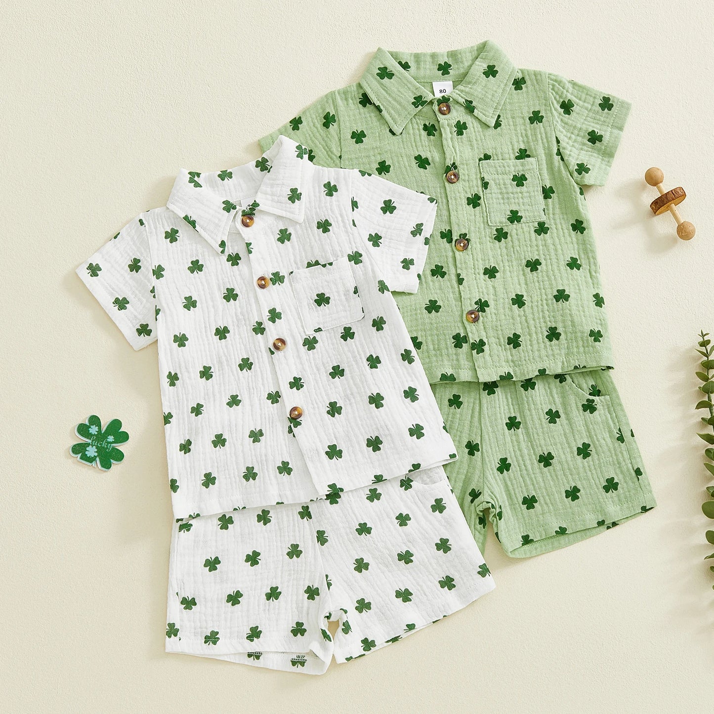 Baby Toddler Boys 2Pcs Spring St. Patrick's Day Set Shamrock Print Short Sleeve Lapel Button Down Shirt Shorts Outfit