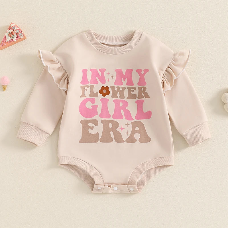 Baby Girls In My Flower Girl Era Romper Long Ruffle Sleeve Crew Neck Letters Print Bodysuit