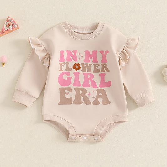 Baby Girls In My Flower Girl Era Romper Long Ruffle Sleeve Crew Neck Letters Print Bodysuit