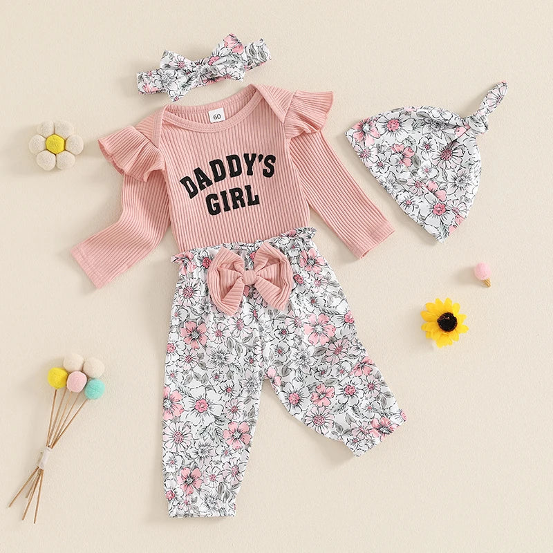 Baby Girls 4Pcs Set Daddy's Girl Letter Print Long Sleeve Ruffled Ribbed Romper Floral Flower Print Pants Hat Headband Outfit