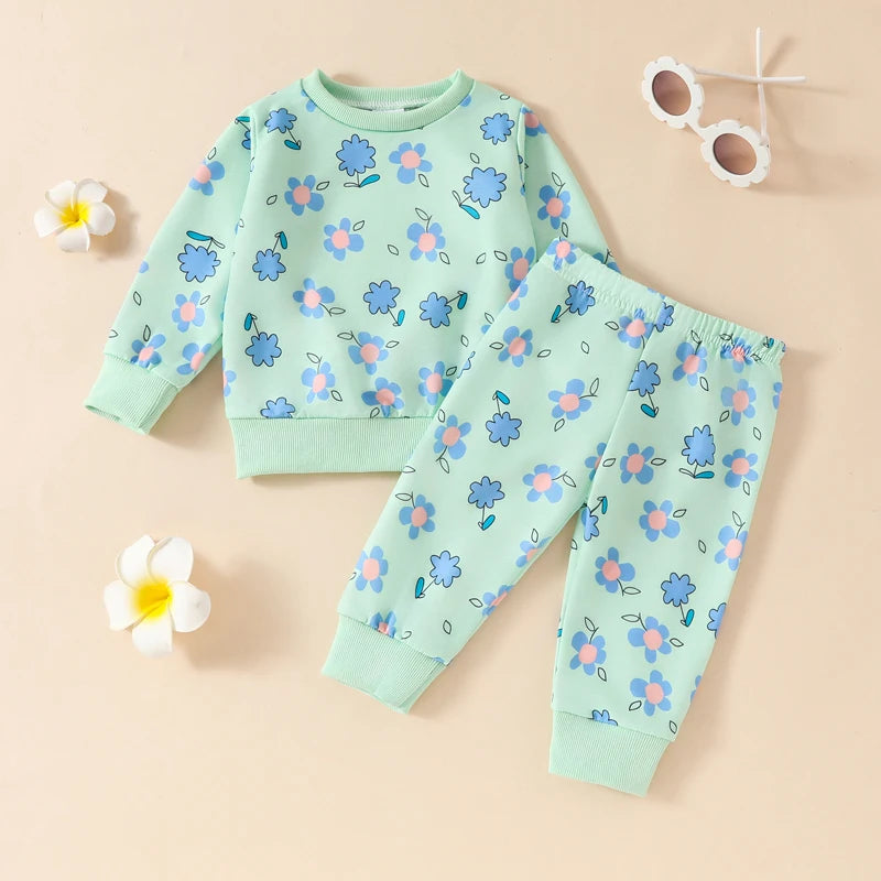 Baby Toddler Girls 2Pcs Fall Set Long Sleeve O Neck Floral Flower Print Top Elastic Waist Pants Set