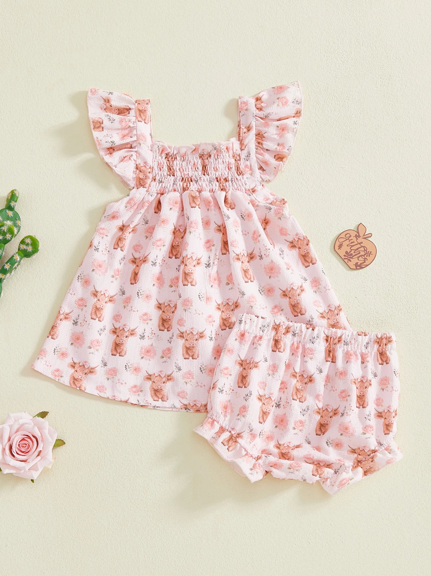 Baby Toddler Girl 2pcs Summer Outfits Highland Cow Floral Print Ruffled Sleeve Top with Matching Shorts 2 Piece Set