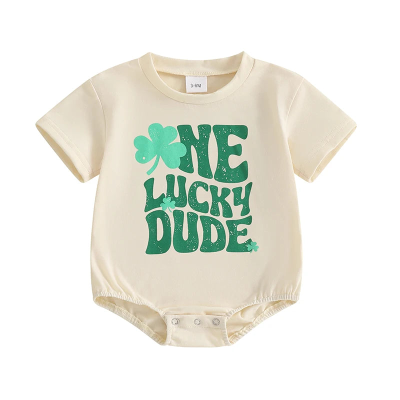 Baby Boys One Lucky Dude St. Patrick's Day Letters Shamrock Romper Infant Irish Clothes Short Sleeve Jumpsuit