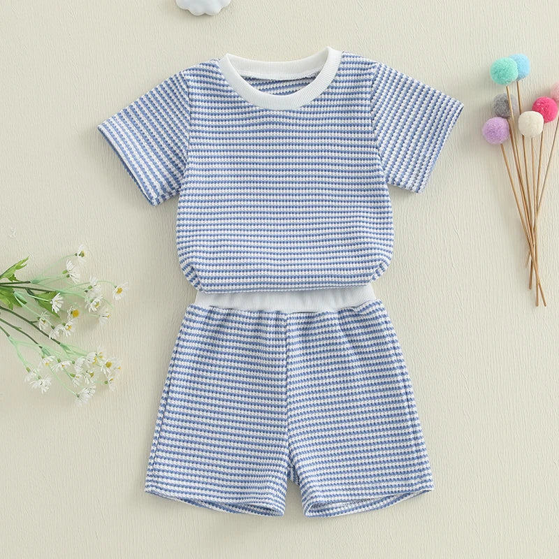 Baby Toddler Girl Boys 2Pcs Summer Outfit Waffle Striped Short Sleeve T-shirt Top Elastic Waist Shorts Set