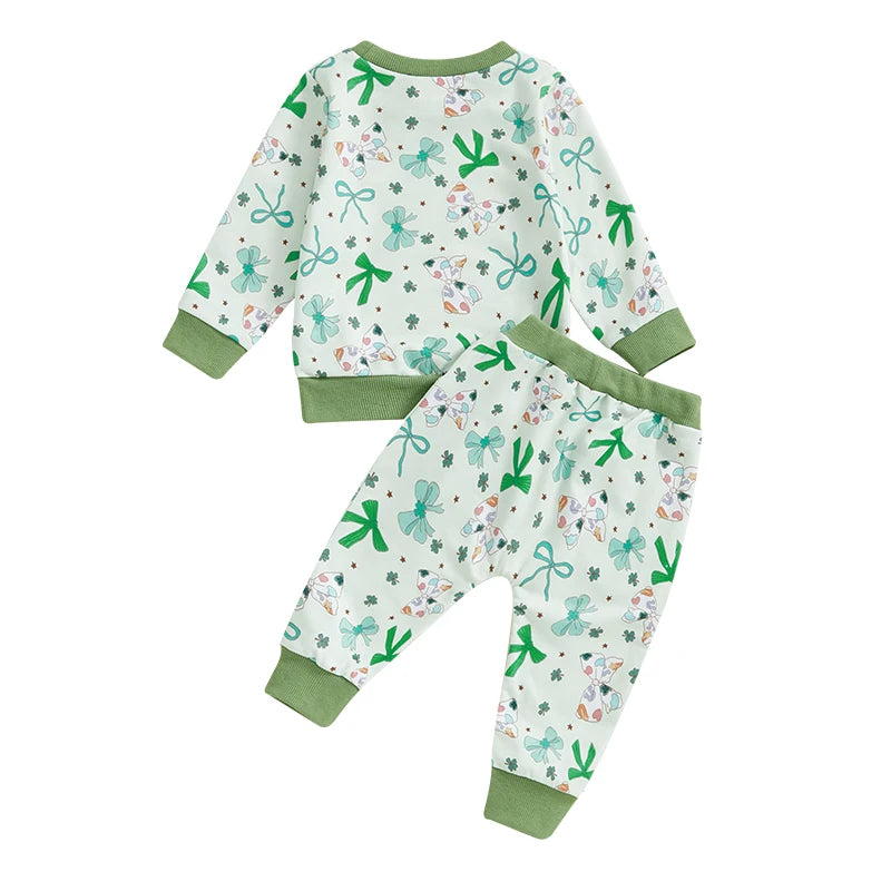 Baby Toddler Girls 2Pcs St. Patrick's Day Outfit Long Sleeve O Neck Bow Clover Shamrock Print Top Pants Jogger Set