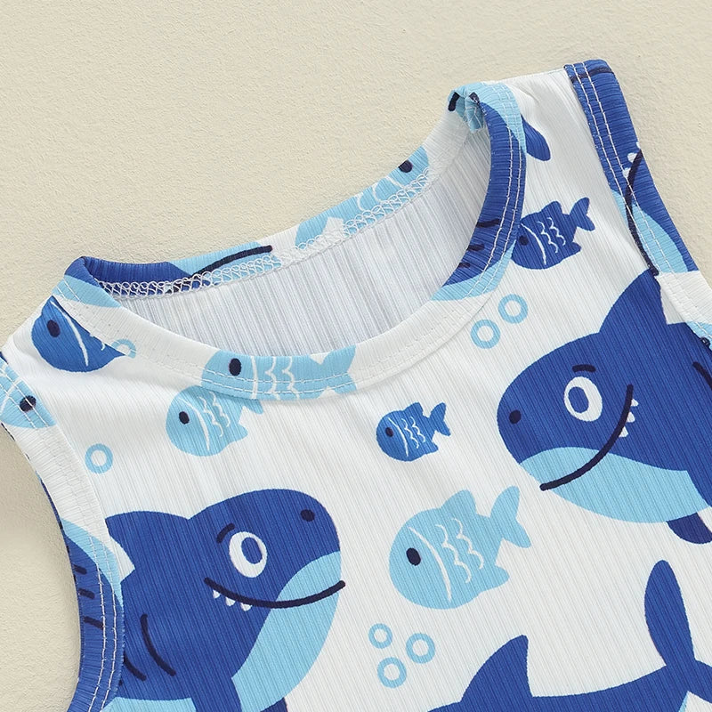 Baby Toddler Boys 2Pcs Summer Outfit Cartoon Shark Print Round Neck Tank Top with Elastic Waist Shorts Set