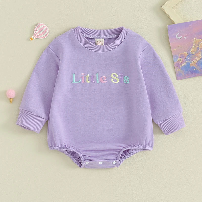 Toddler Baby Girls Clothes Sister Matching Outfits Letter Big Little Sis Embroidery Long Sleeve Bubble Romper or Long Sleeve Top