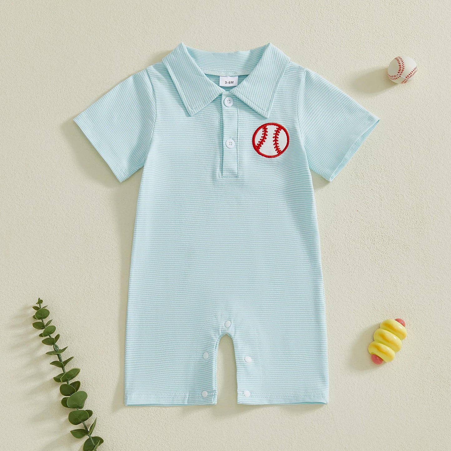 Baby Boy Romper Lapel Collar Short Sleeve Baseball Embroidery Upper Button Striped Jumpsuit