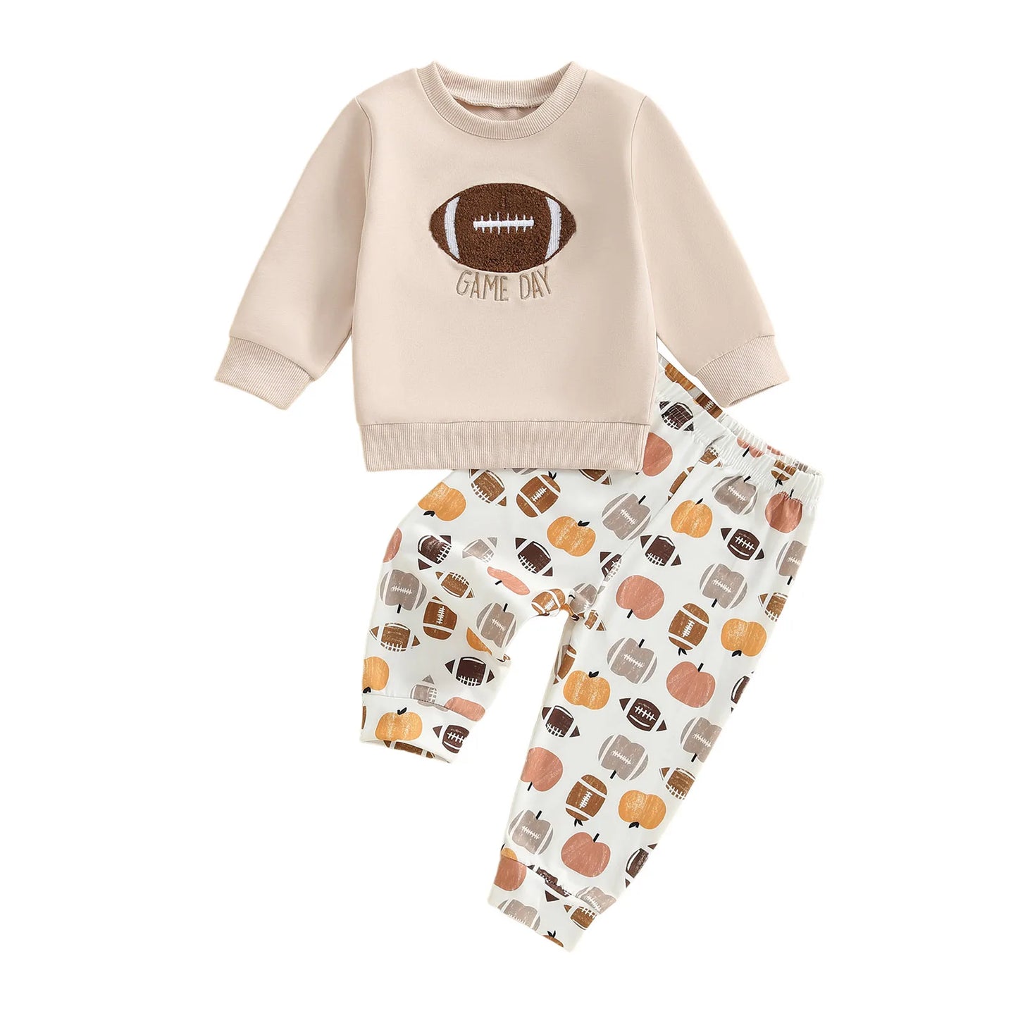Baby Toddler Boys 2Pcs Game Day Fall Set Long Sleeve Football Embroidery Pullover Top and Pumpkin Print Pants Outfit