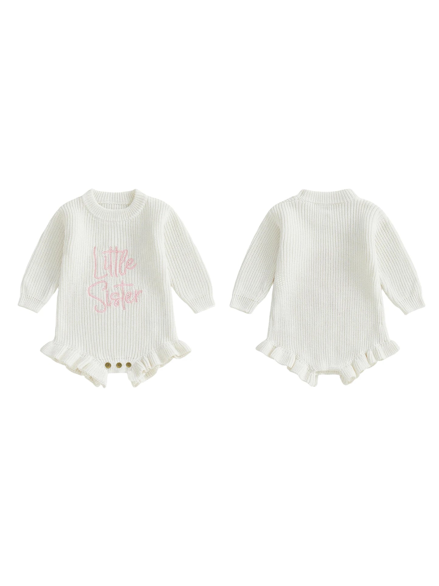 Baby Girl Sweater Romper Little Sister Long Sleeve Round Neck Letter Embroidery Knit Bodysuit