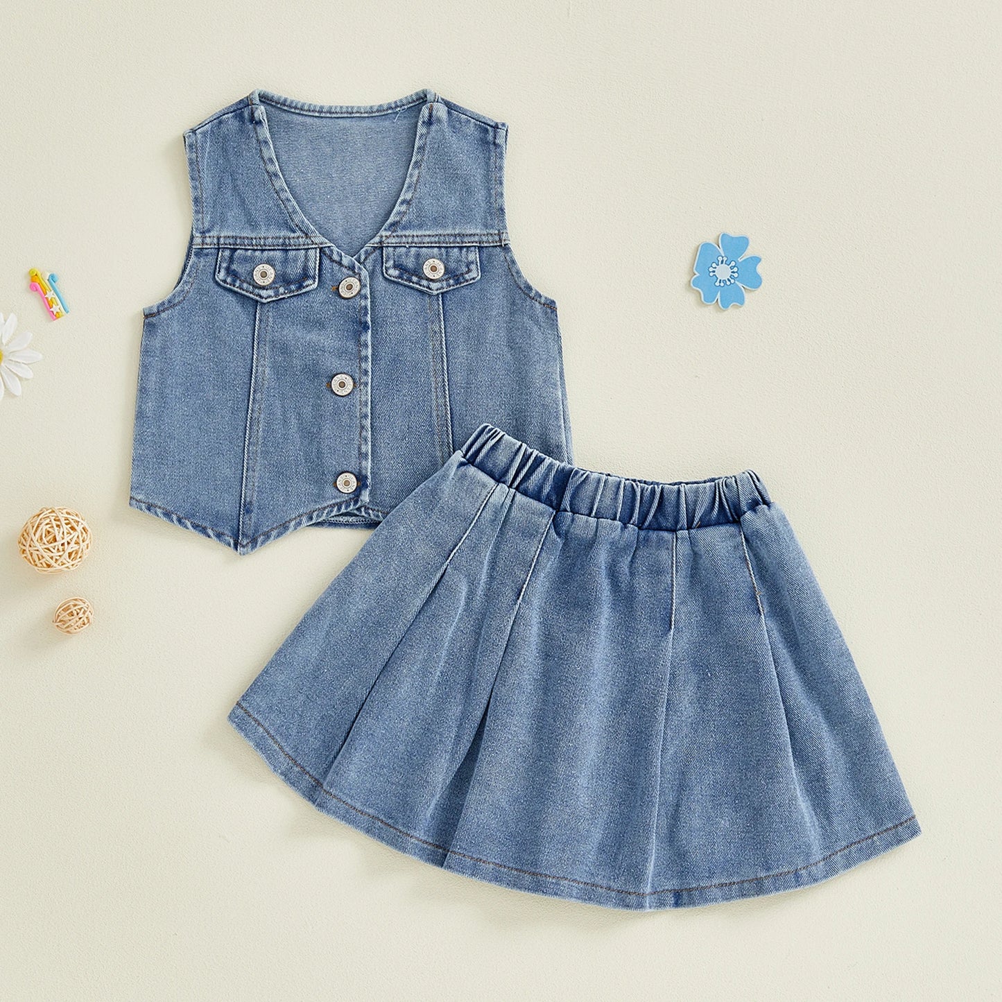 Toddler Kids Girls 2Pcs Denim Set Solid Color V-Neck Button Down Vest and Pleated Skirt 2 Piece Outfit