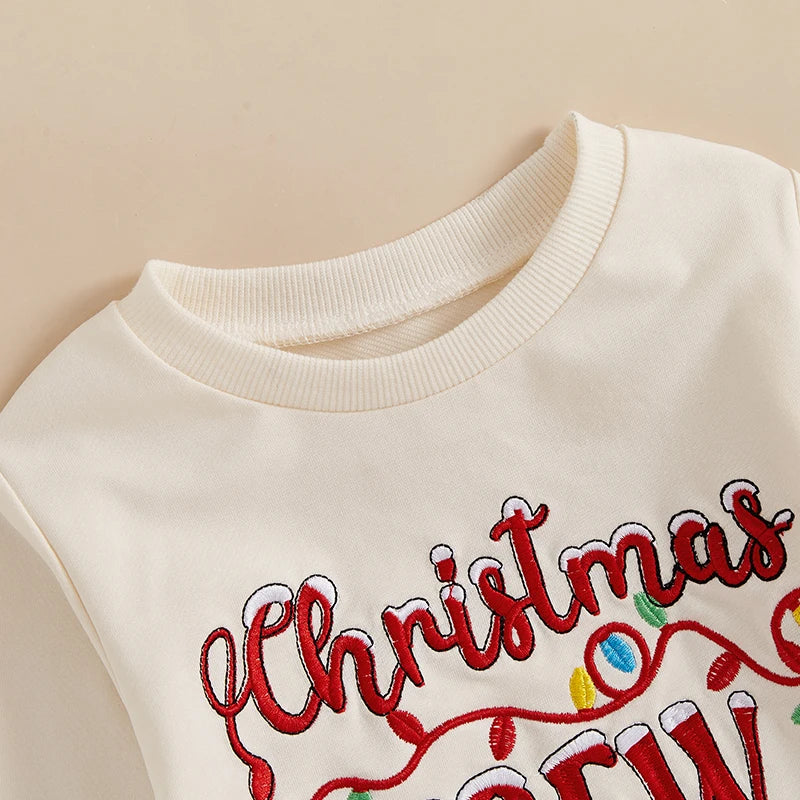 Baby Toddler Boys Girls Christmas Crew Letter Lights Embroidered Long Sleeve Round Neck Pullover Top