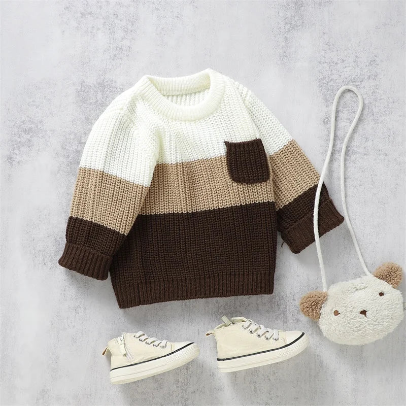 Baby Toddler Boys Girls Knit Sweater Contrast Color Pocket Crewneck Pullover Long Sleeve Top