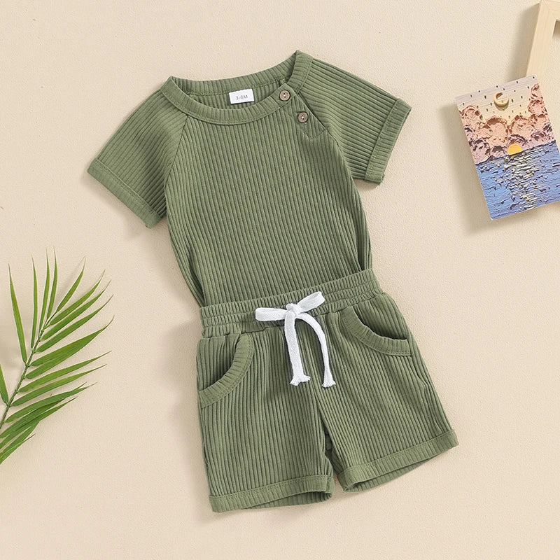 Baby Toddler Boys 2Pcs Summer Outfits Ribbed Solid Color Short Sleeve Top and Shorts Vacation Clothes Set