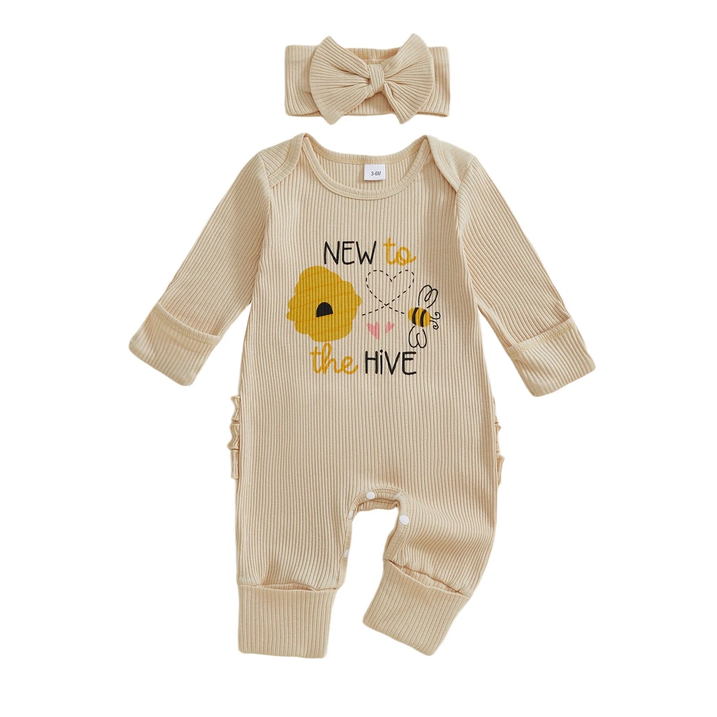 Baby Girl 2Pcs Fall Outfit Golf Goose Bee Print New to the Hive / Club Long Sleeve Ribbed Romper with Bow Headband 2Piece Set