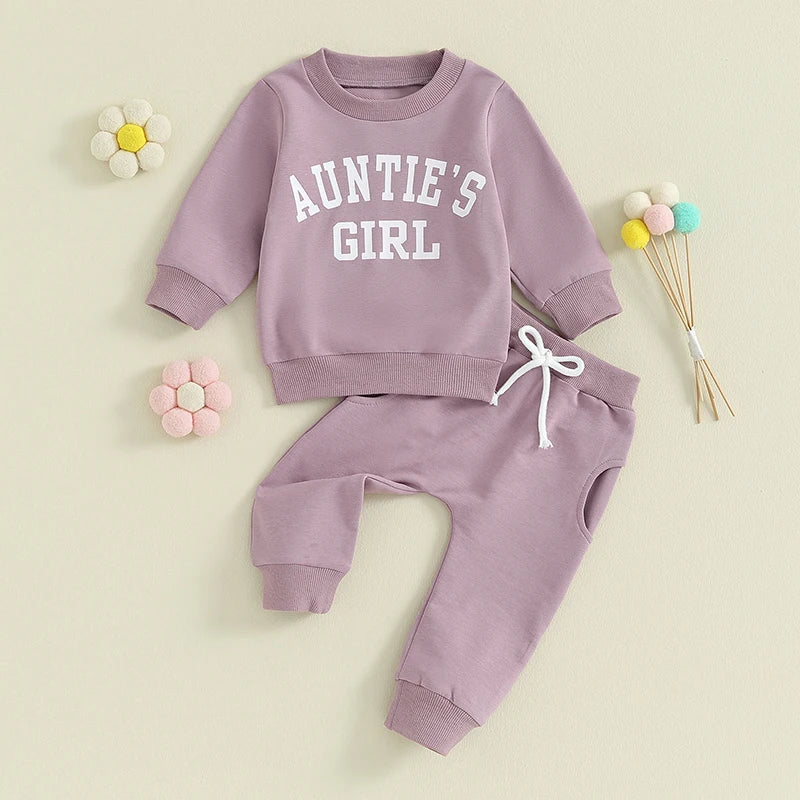 Toddler Baby Girls 2Pcs Clothes Sets Long Sleeve Letter Auntie's Girl Print Pullover Top + Pants Set