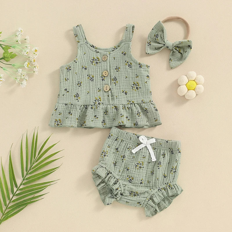 Baby Toddler Girls 3Pcs Summer Set Round Neck Floral Print Tank Top Elastic Waist Frill Trim Shorts Headband 3Piece Outfit