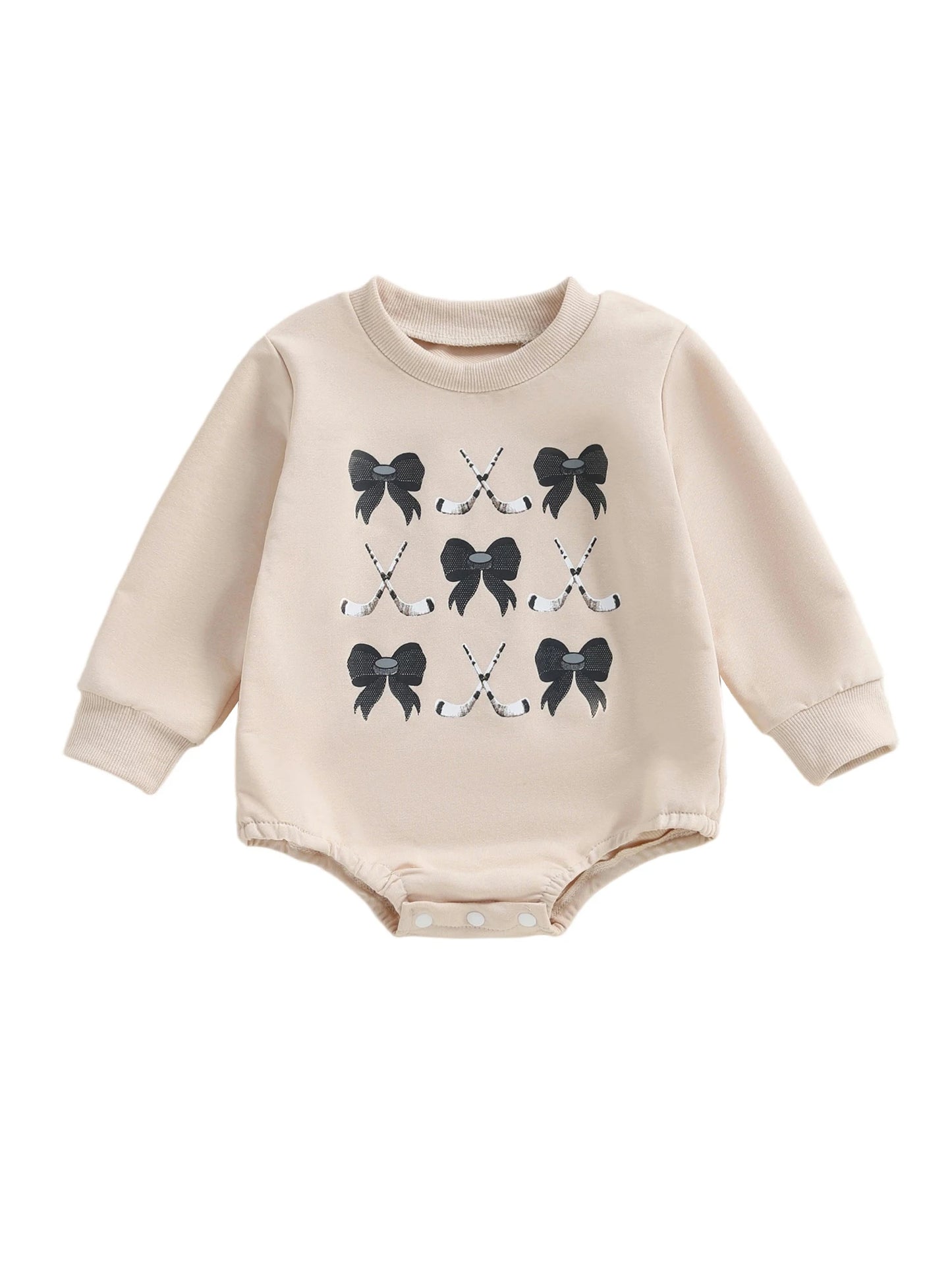 Baby Girls Fall Romper Bow Hockey / Game Day Letter Print Long Sleeve Round Neck Bubble Jumpsuit