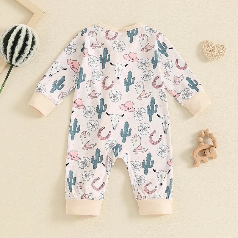 Baby Toddler Boys Girls Casual Jumpsuit Long Sleeve Cattle Head Cow Cactus Candy Cane Snowflake Print Zipper Romper