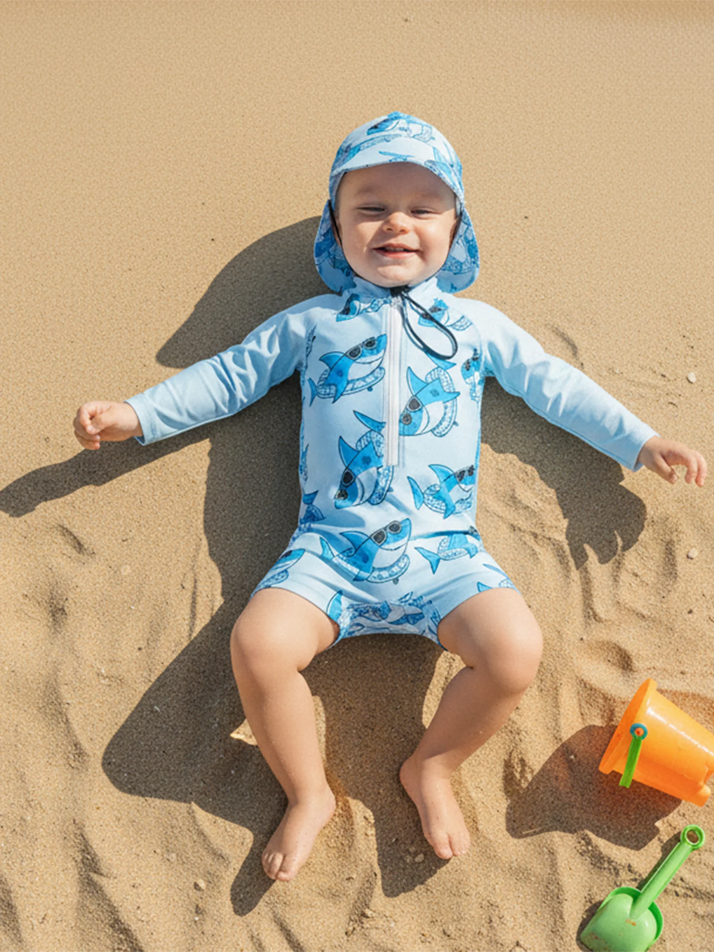Baby Toddler Boys 2Pcs Rash Guard Swimsuit Shark Print Long Sleeve Zip Up Bathing Suit with Sun Cap Hat Set