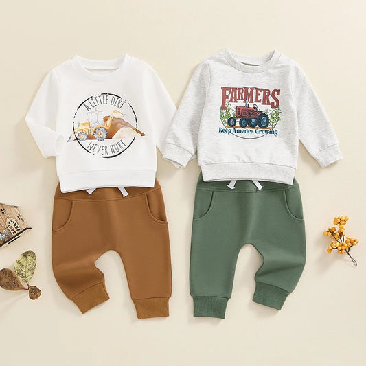 Baby Toddler Boys 2Pcs Fall Outfit A Little Dirt Never Hurt / Farmers Keep America Growing Letter Tractor Print Long Sleeve Top and Long Pants Set