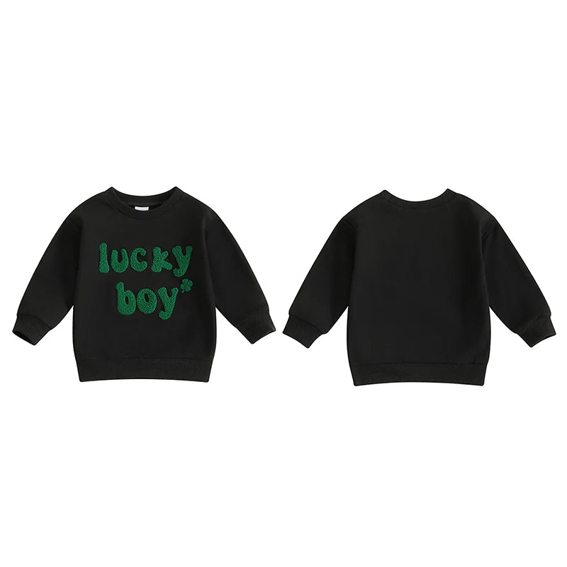 Baby Toddler Boys Lucky Boy St. Patrick's Day Irish Spring Letter Clover Shamrock Embroidered Long Sleeve O-Neck Casual Pullover Top