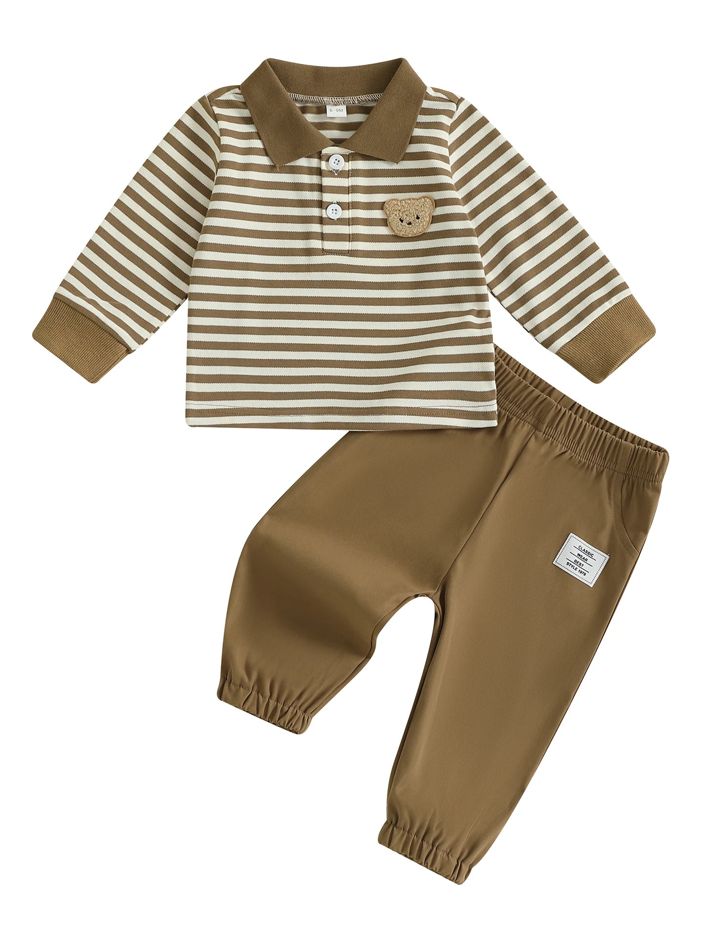 Baby Toddler Boys 2Pcs Fall Long Sleeve Lapel Bear Embroidery Striped Top Pants Sets