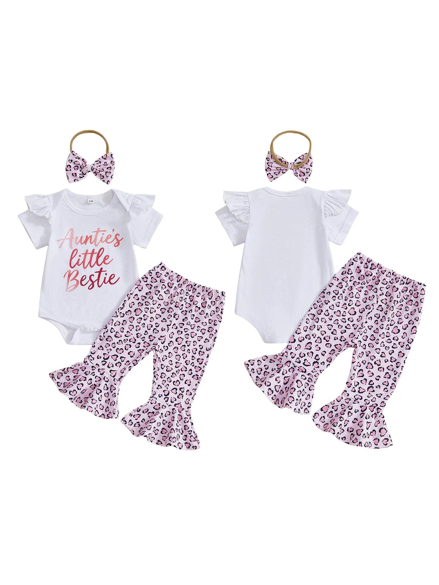 Baby Girl 3Pcs Auntie's Little Bestie Spring Outfits Letter Short Sleeve Romper with Leopard Pattern Flare Pants and Bow Headband Set