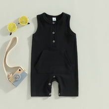 Load image into Gallery viewer, Baby Boy Summer Jumpsuit Tank Top Crew Neck Button Down Solid Pocket Ribbed Romper
