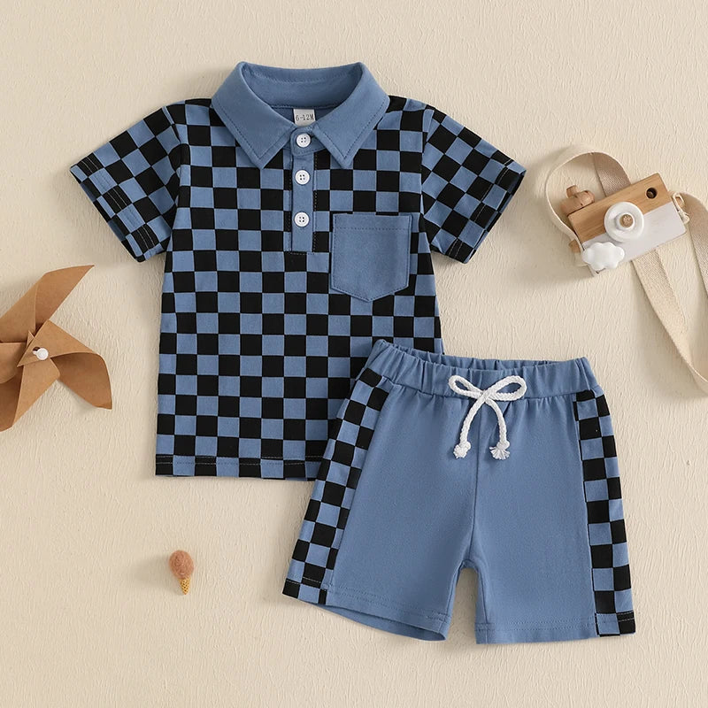 Baby Toddler Boys 2Pcs Set Short Sleeve Lapel Collar Checkered Print Top and Drawstring Shorts Outfit