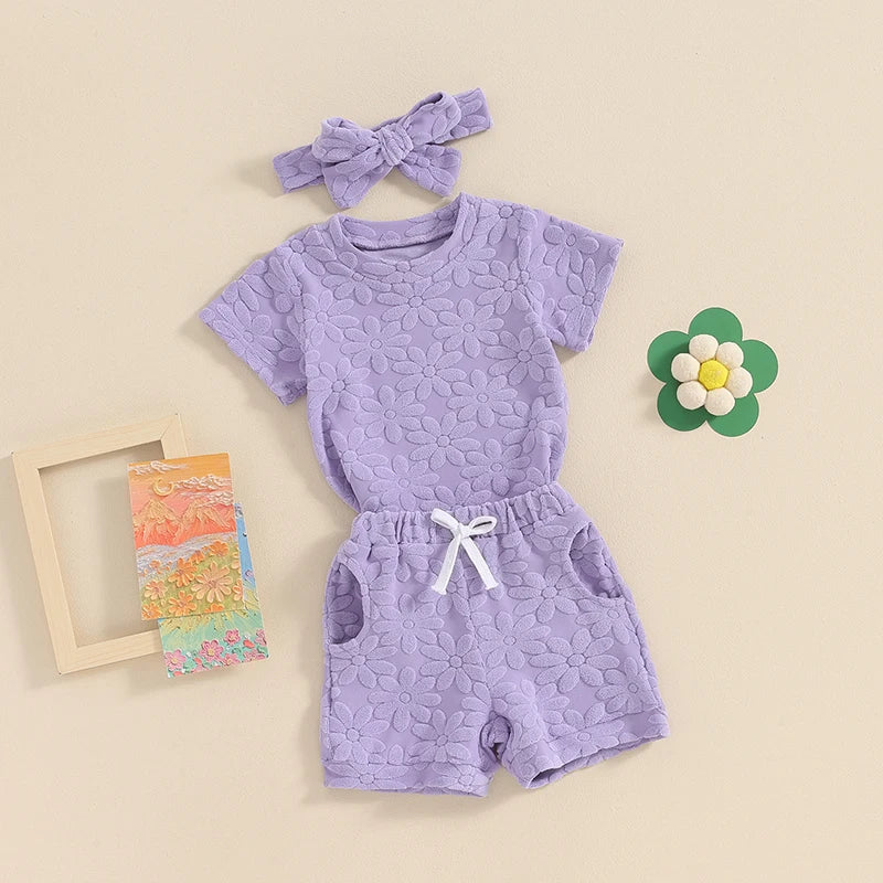 Baby Toddler Girls 3Pcs Flower Pattern Fabric Short Sleeve Top with Elastic Waist Shorts with Hairband Outfit Set