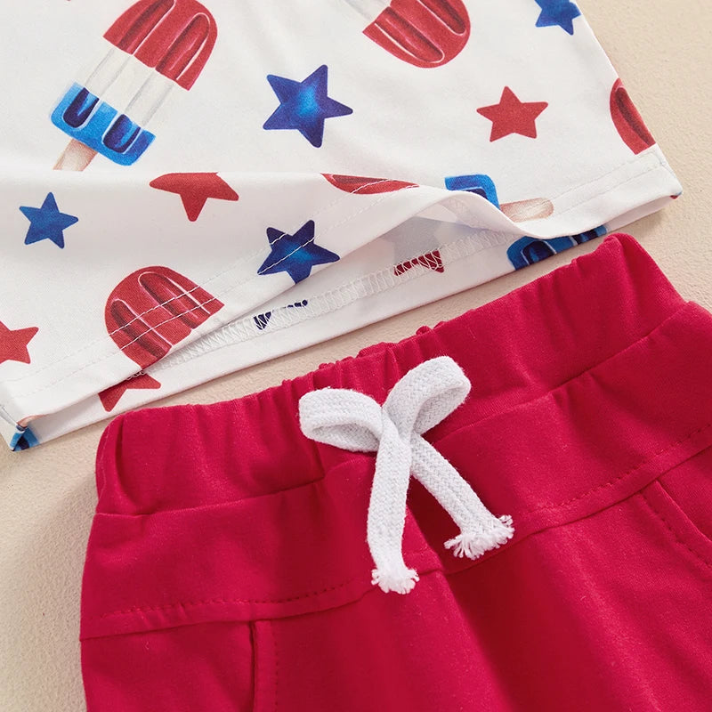 Baby Toddler Boy 2Pcs 4th of July Outfit Star Popsicle Print Short Sleeve Top with Pocket + Elastic Waist Shorts Independence Day Set