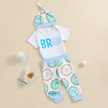 Load image into Gallery viewer, Baby Boy 3Pcs BRO Letter Print Short Sleeve Romper and Donut Print Pants Beanie Hat Set Clothes Outfit
