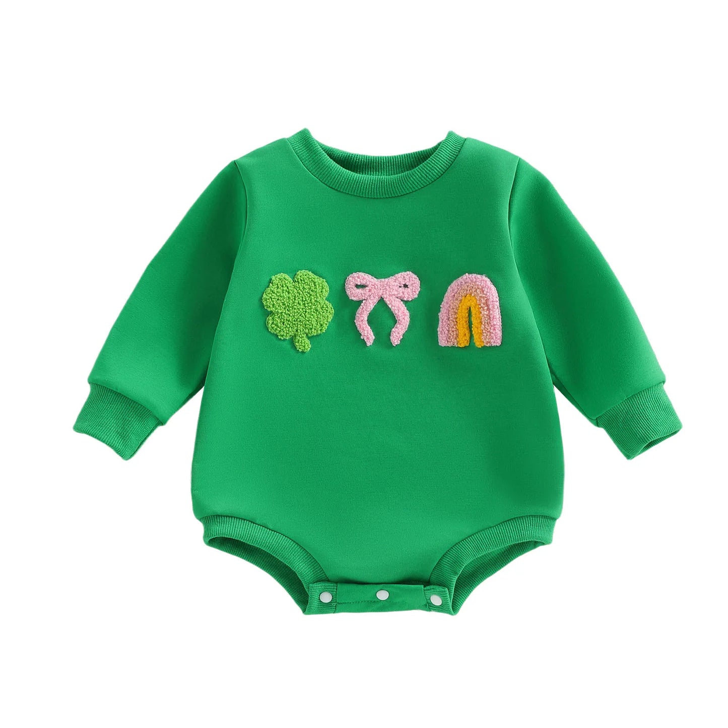 Baby Girl Spring Romper Shamrock Bow Rainbow Embroidered Crew Neck Long Sleeve Infant Jumpsuit